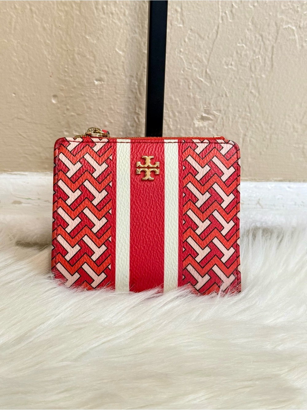 Tory Burch Red Patterned Zip Compact Wallet